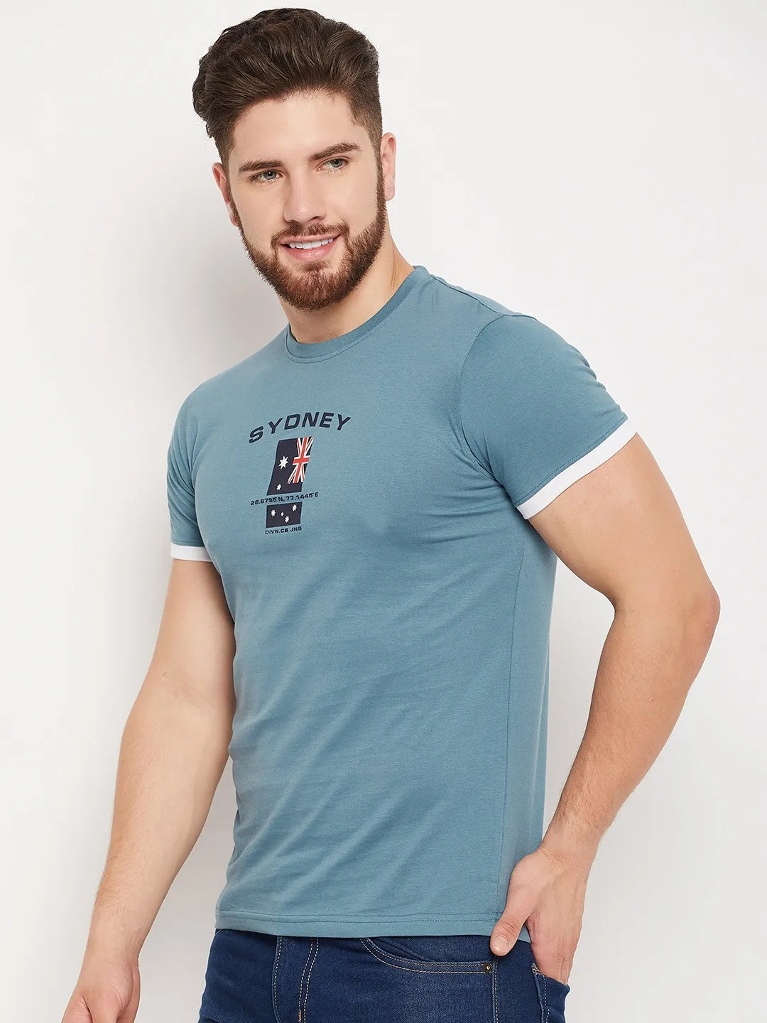 Men Teal Round Neck T-Shirt