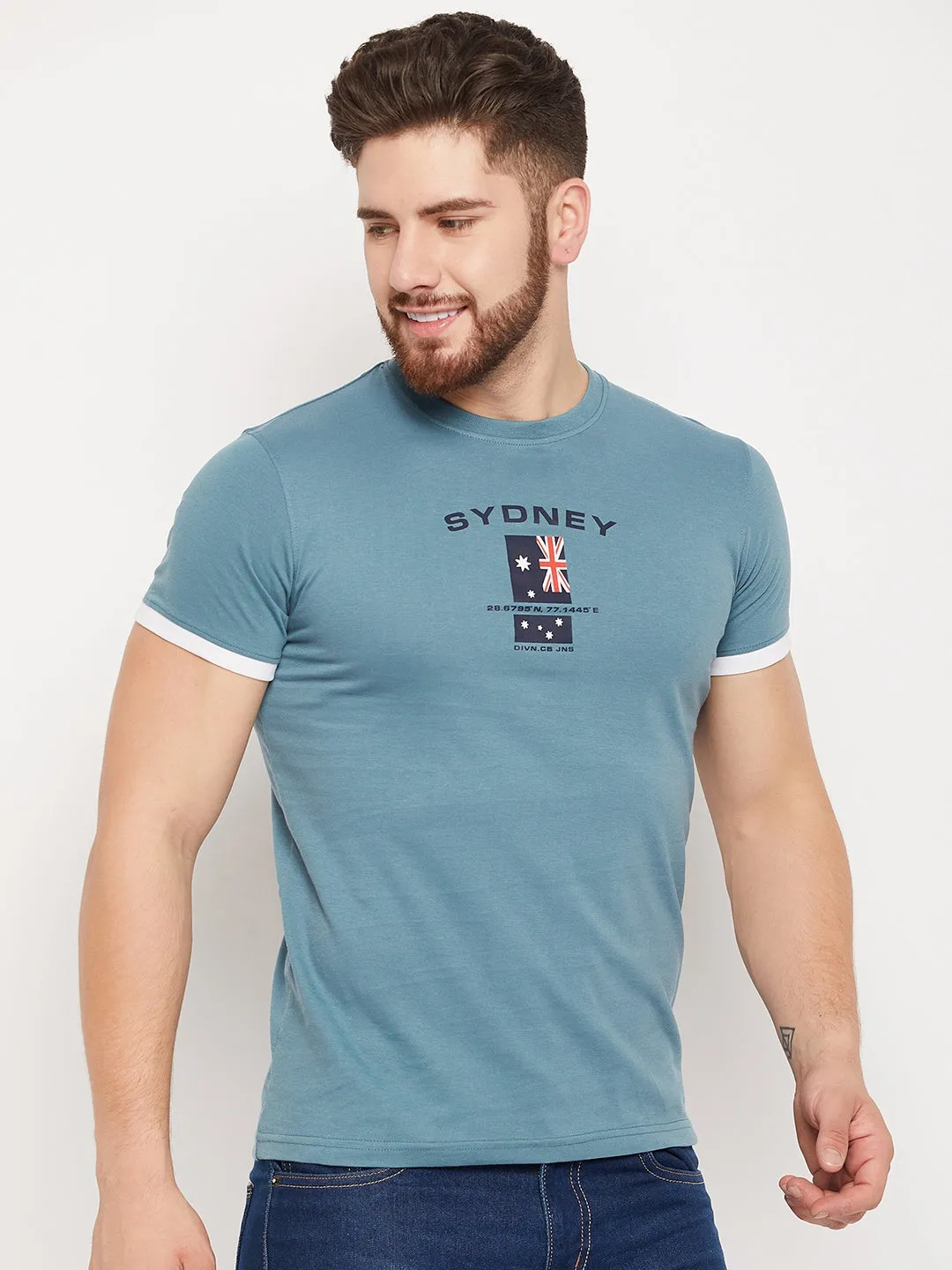 Men Teal Round Neck T-Shirt