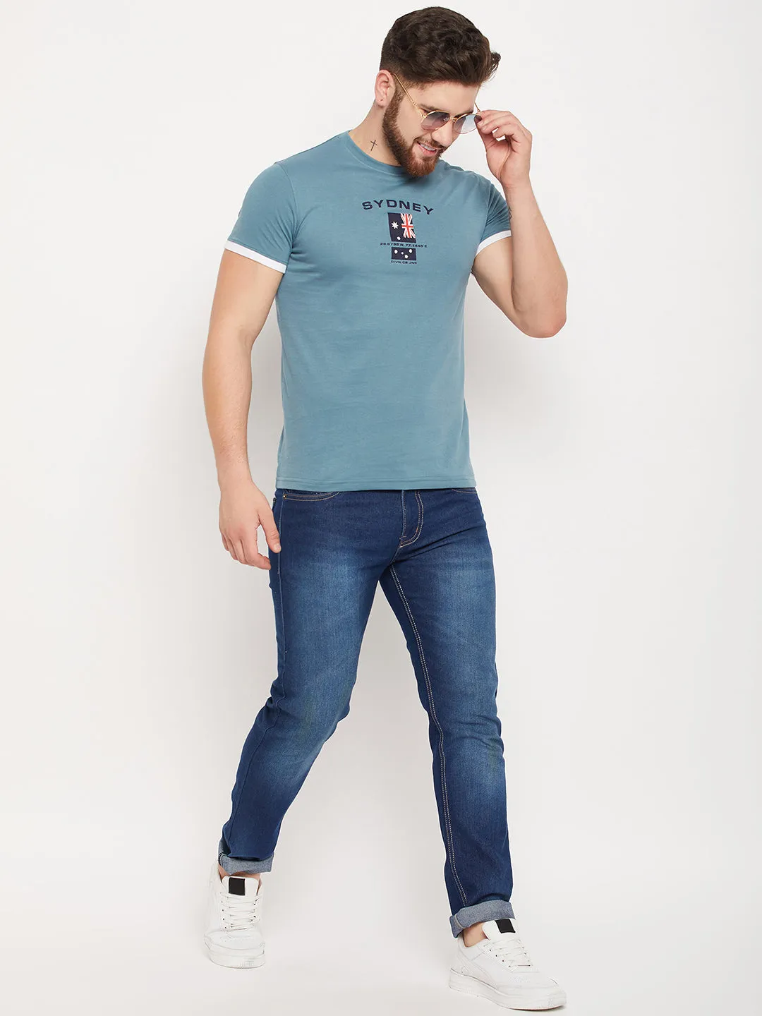 Men Teal Round Neck T-Shirt