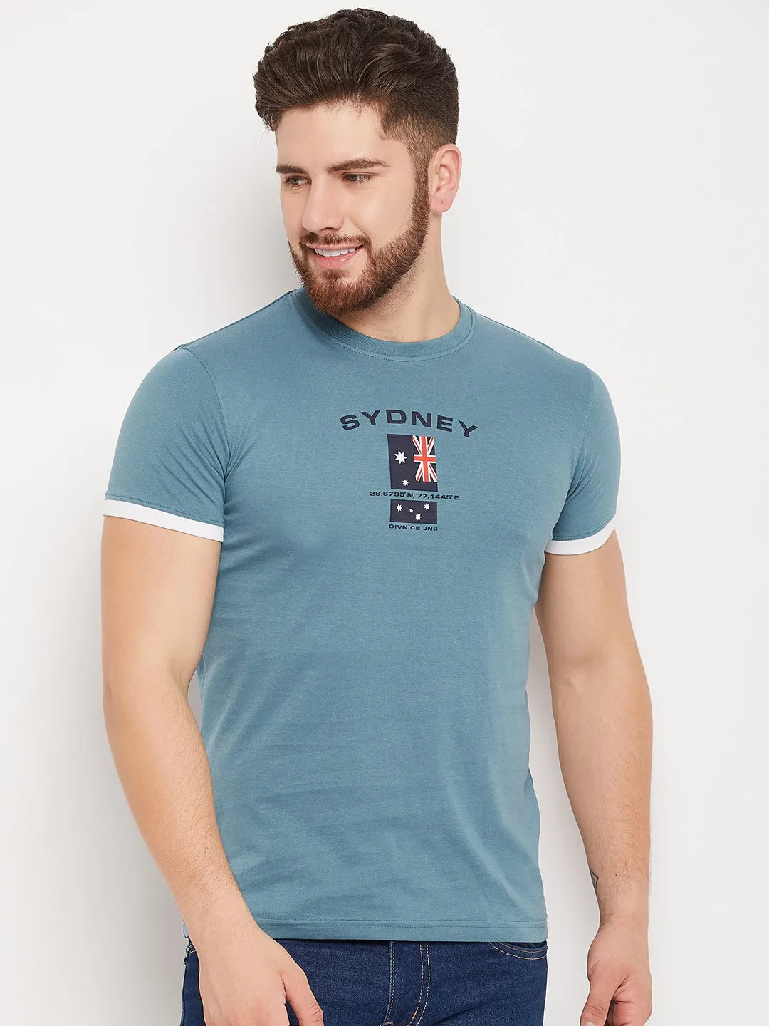 Men Teal Round Neck T-Shirt