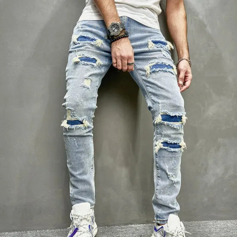 Men's Casual Skinny Jeans Streetwear Stylish Ripped Hip Hop Denim Trousers