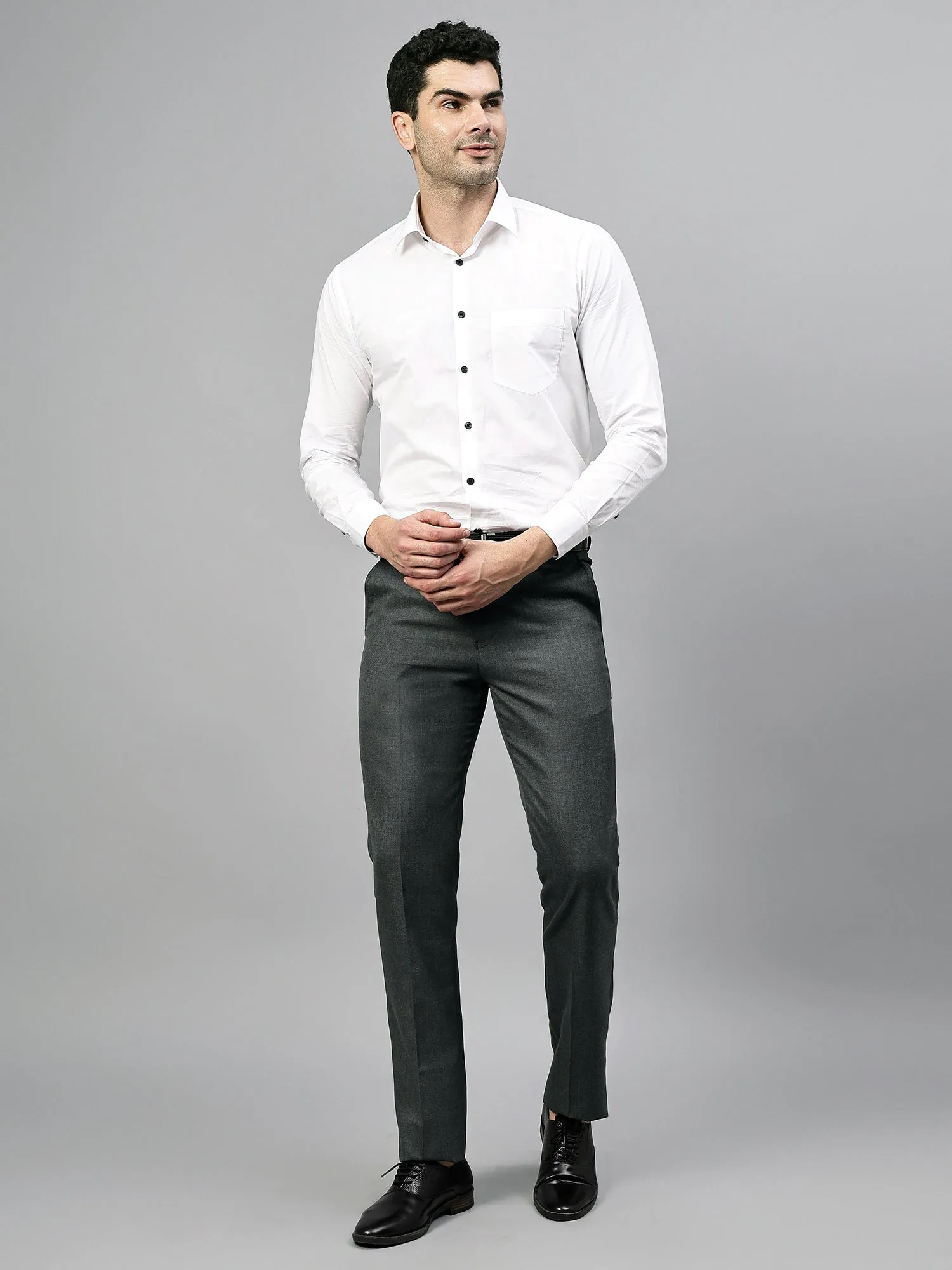 Men's Charcoal Grey Self Design Non-Pleated Formal Trouser