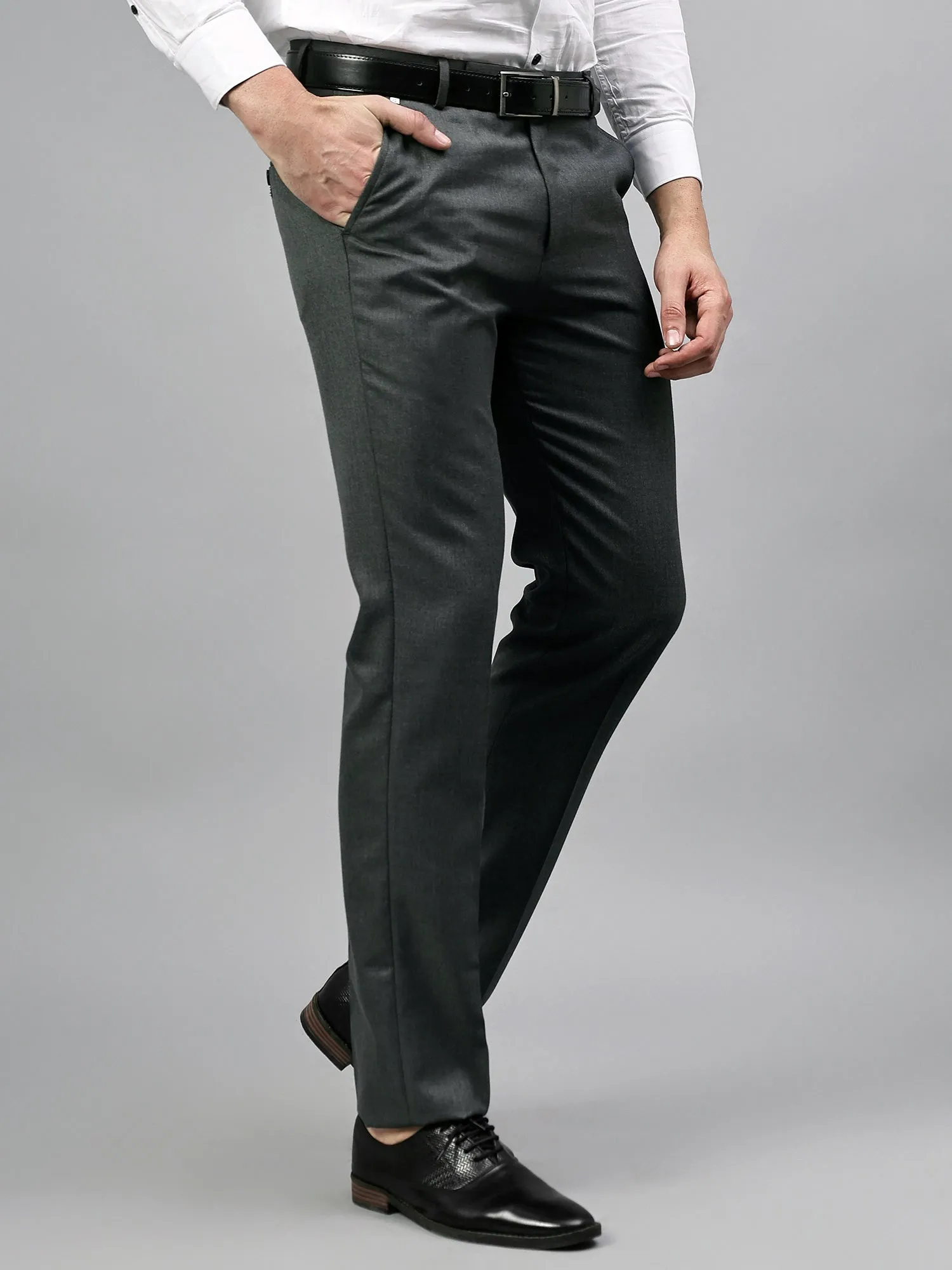 Men's Charcoal Grey Self Design Non-Pleated Formal Trouser