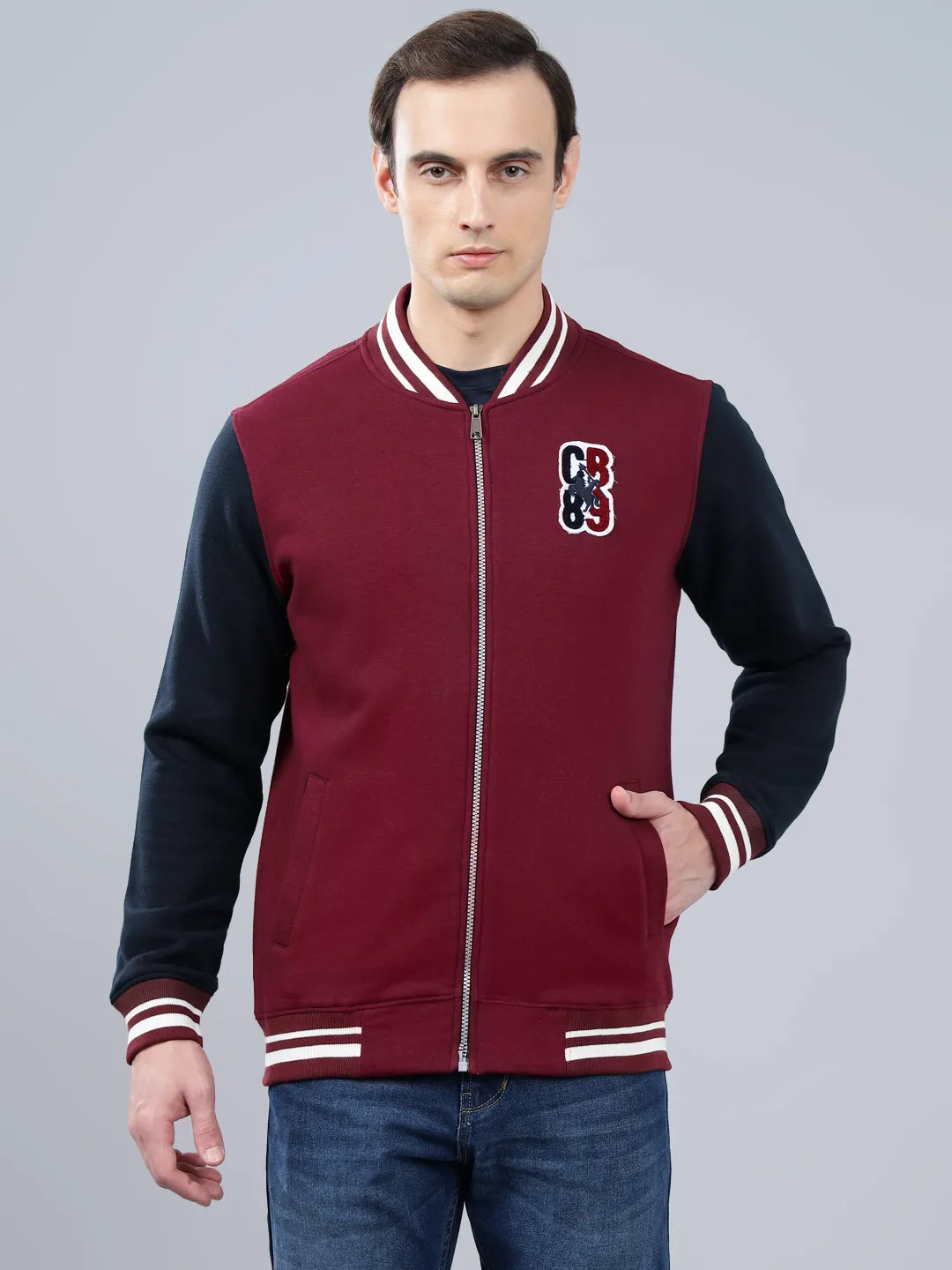 Men's Color Block Maroon Mock Collar Sweatshirt