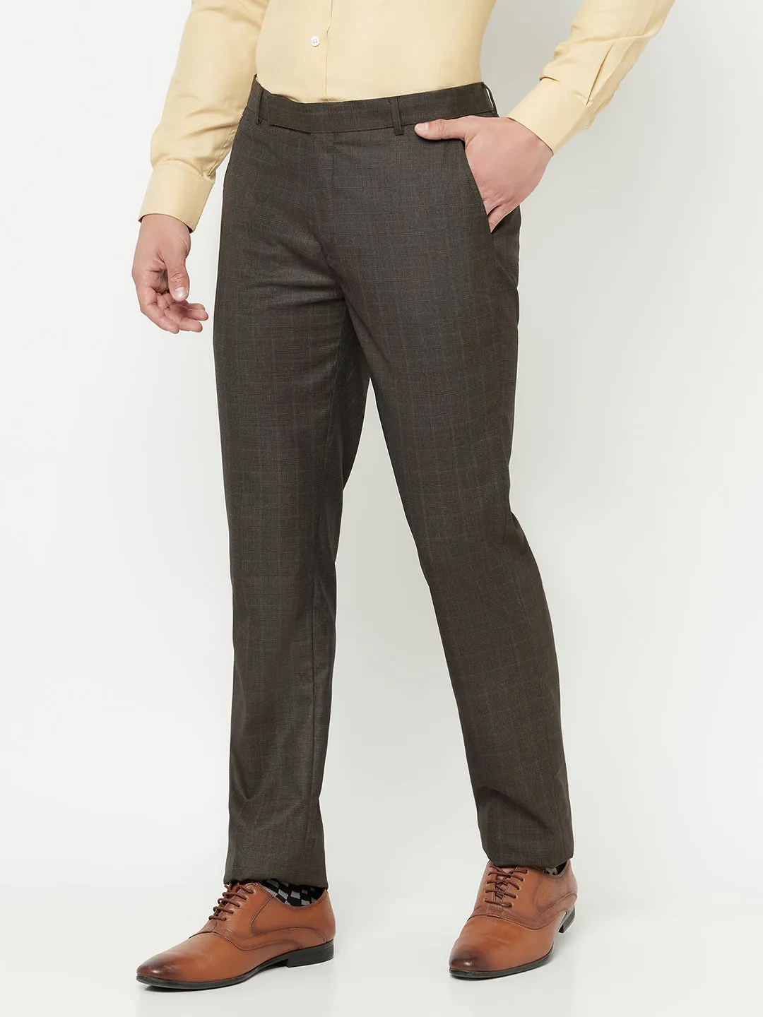 Men's Formal Flat front Brown Checks Trousers