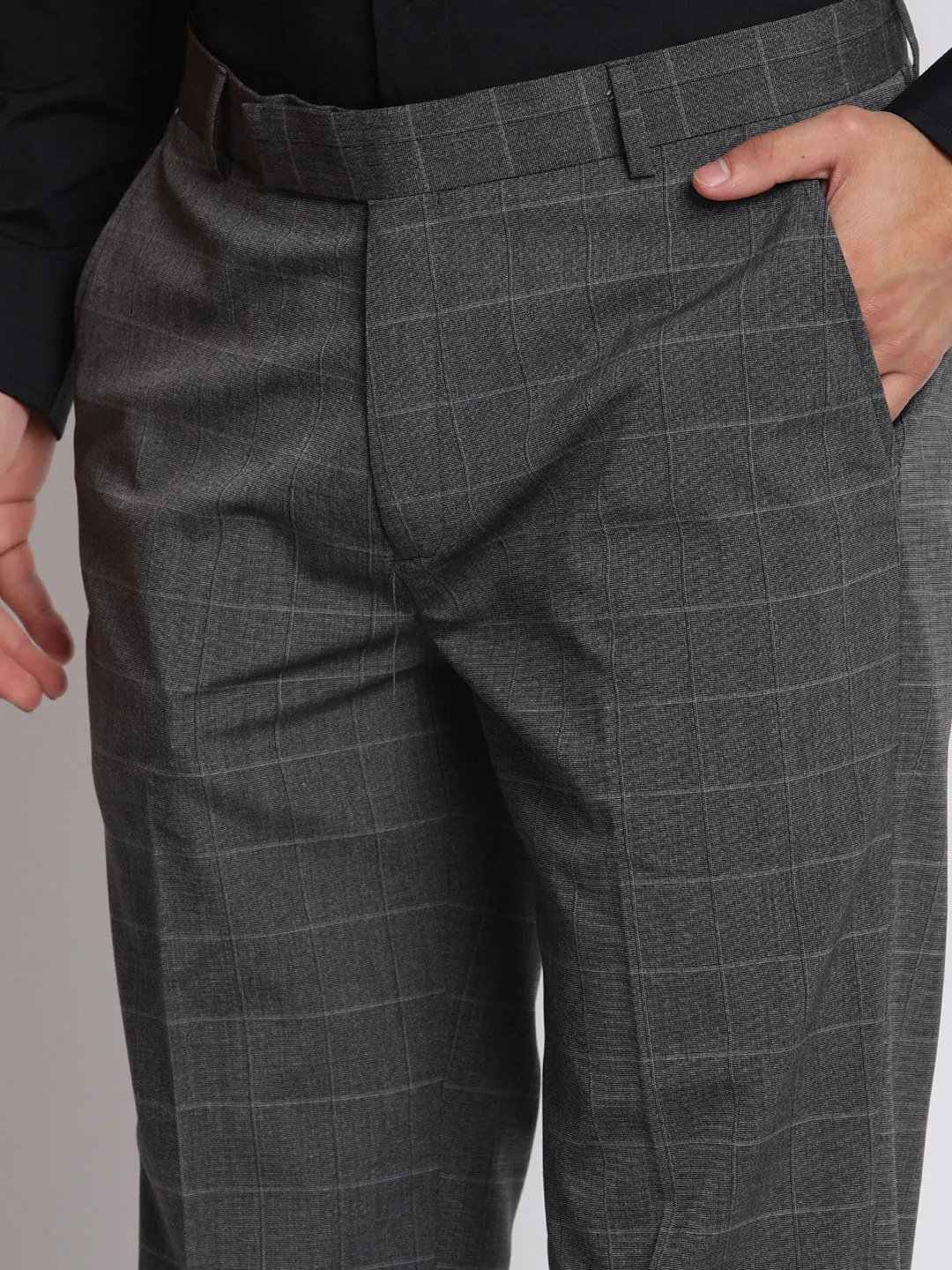 Men's Formal Flat front Dark Grey Checks Trousers