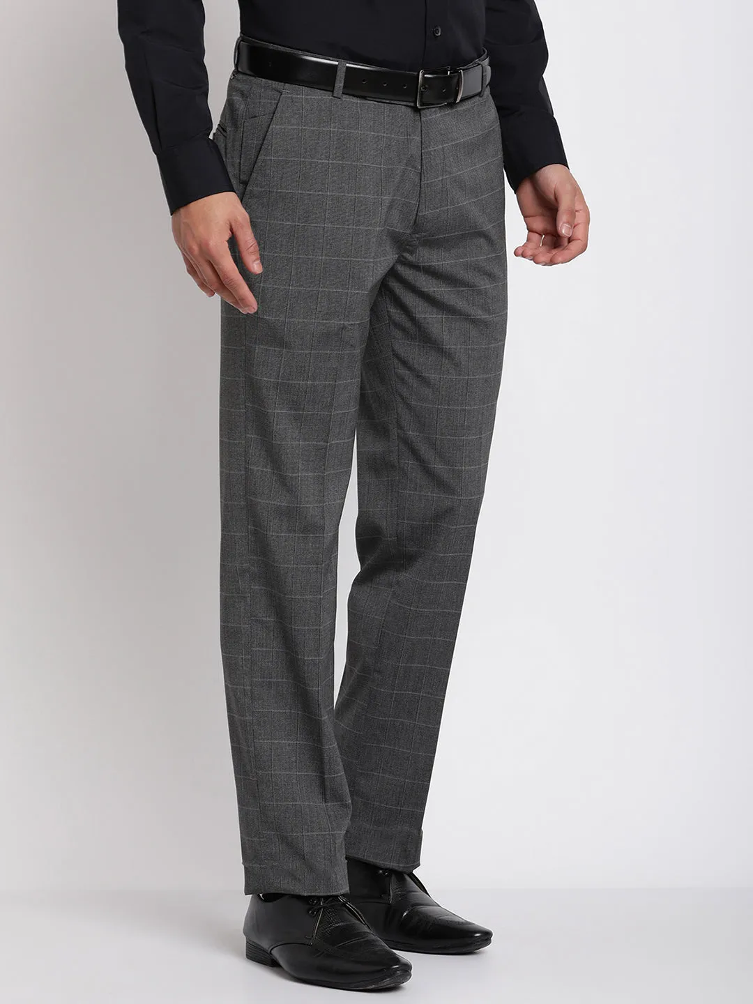 Men's Formal Flat front Dark Grey Checks Trousers