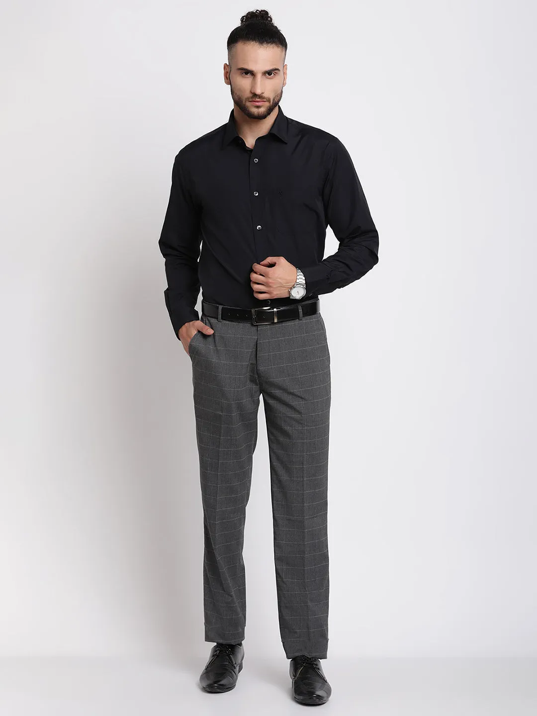 Men's Formal Flat front Dark Grey Checks Trousers