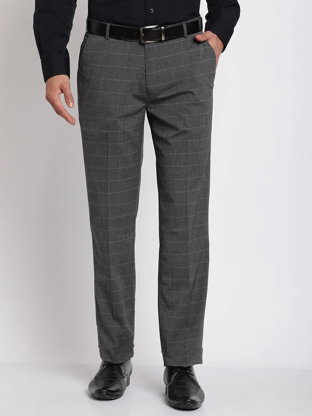 Men's Formal Flat front Dark Grey Checks Trousers