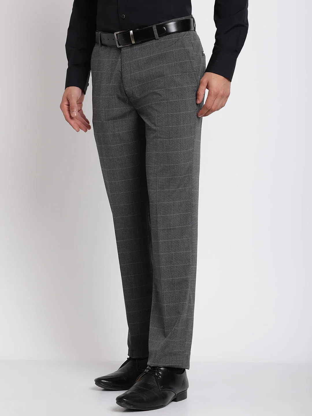 Men's Formal Flat front Dark Grey Checks Trousers