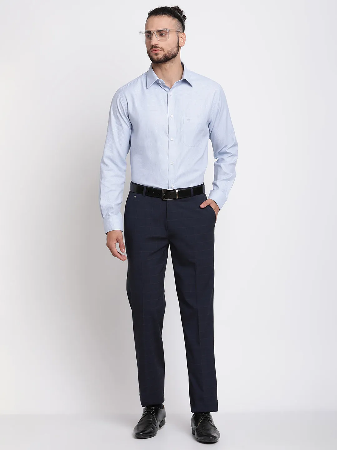 Men's Formal Flat front Navy Blue Checks Trousers