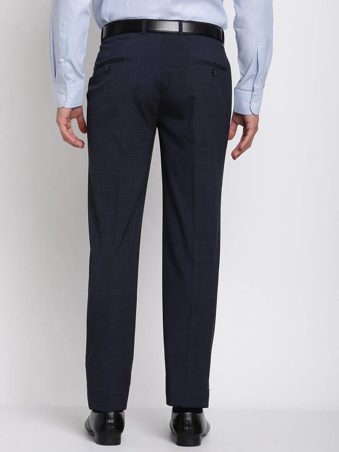 Men's Formal Flat front Navy Blue Checks Trousers