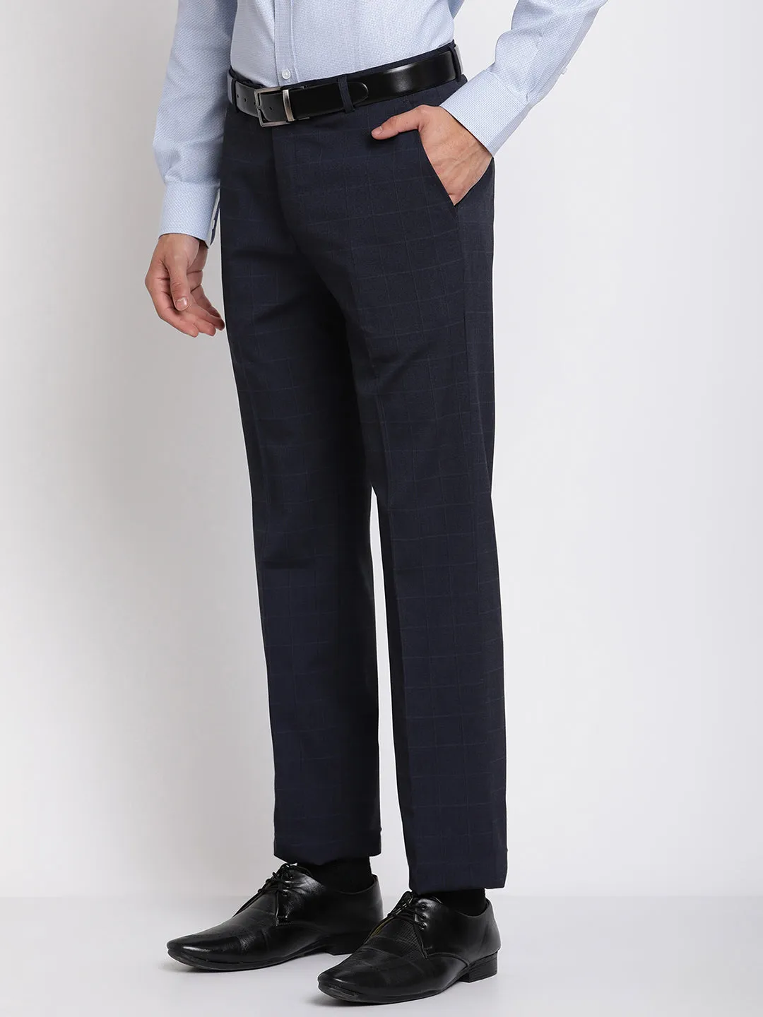 Men's Formal Flat front Navy Blue Checks Trousers