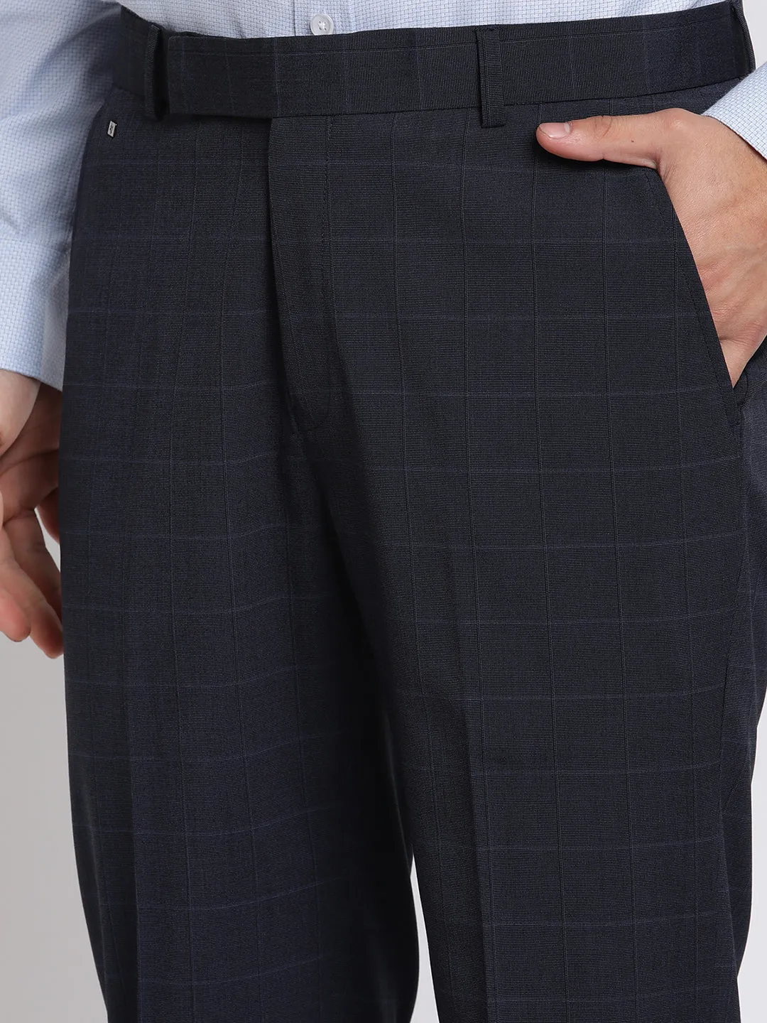 Men's Formal Flat front Navy Blue Checks Trousers