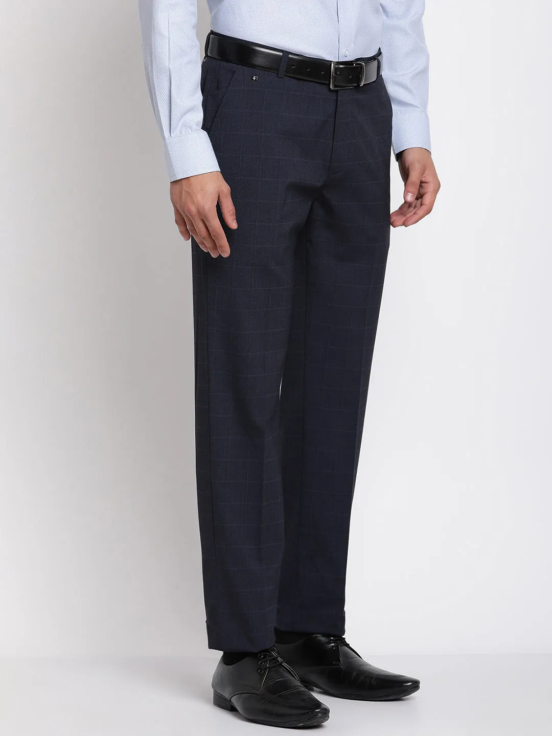 Men's Formal Flat front Navy Blue Checks Trousers