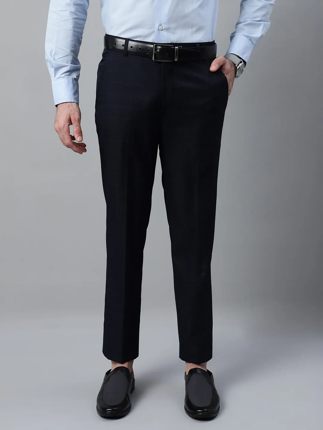 Men's Navy Blue Checkered Non-Pleated Formal Trouser