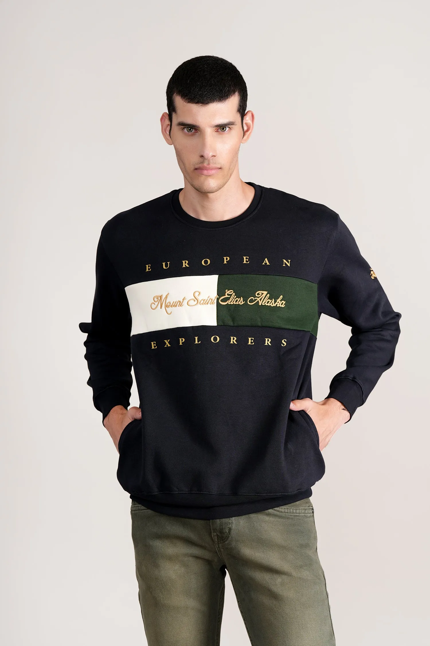 Men's Printed Navy Round Neck Sweatshirt