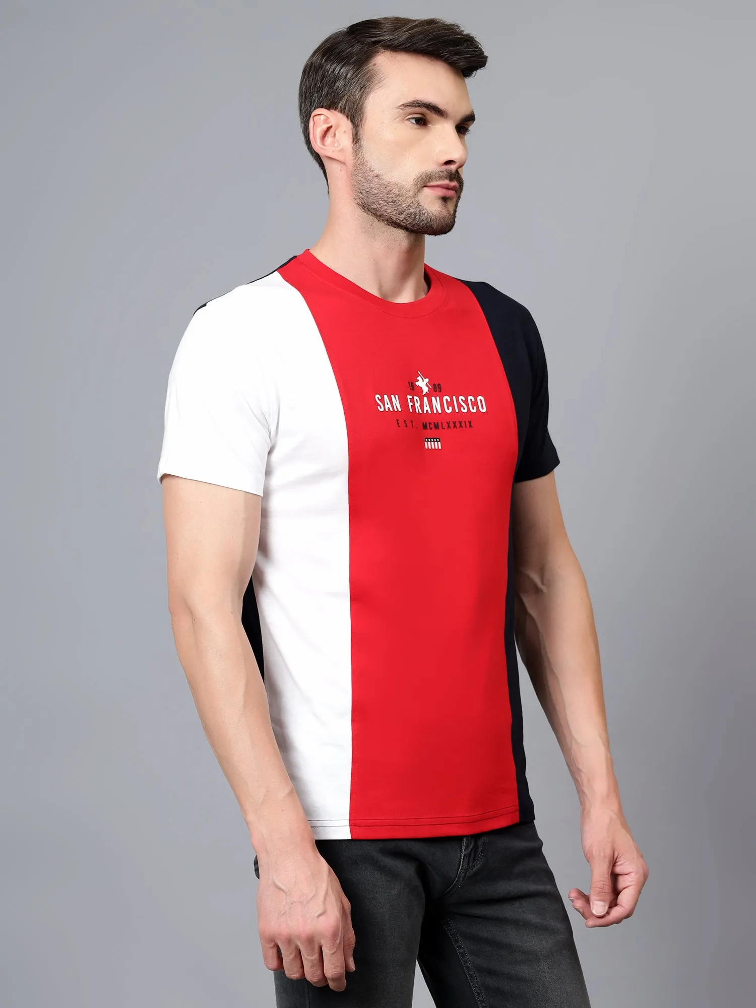 Men's Red Color Blocked Round Neck Half Sleeve T-shirt