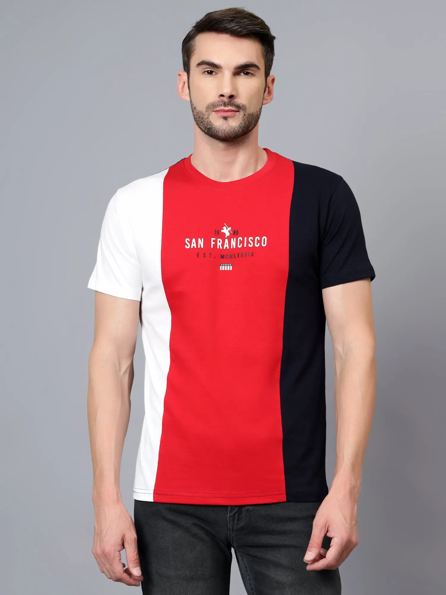 Men's Red Color Blocked Round Neck Half Sleeve T-shirt