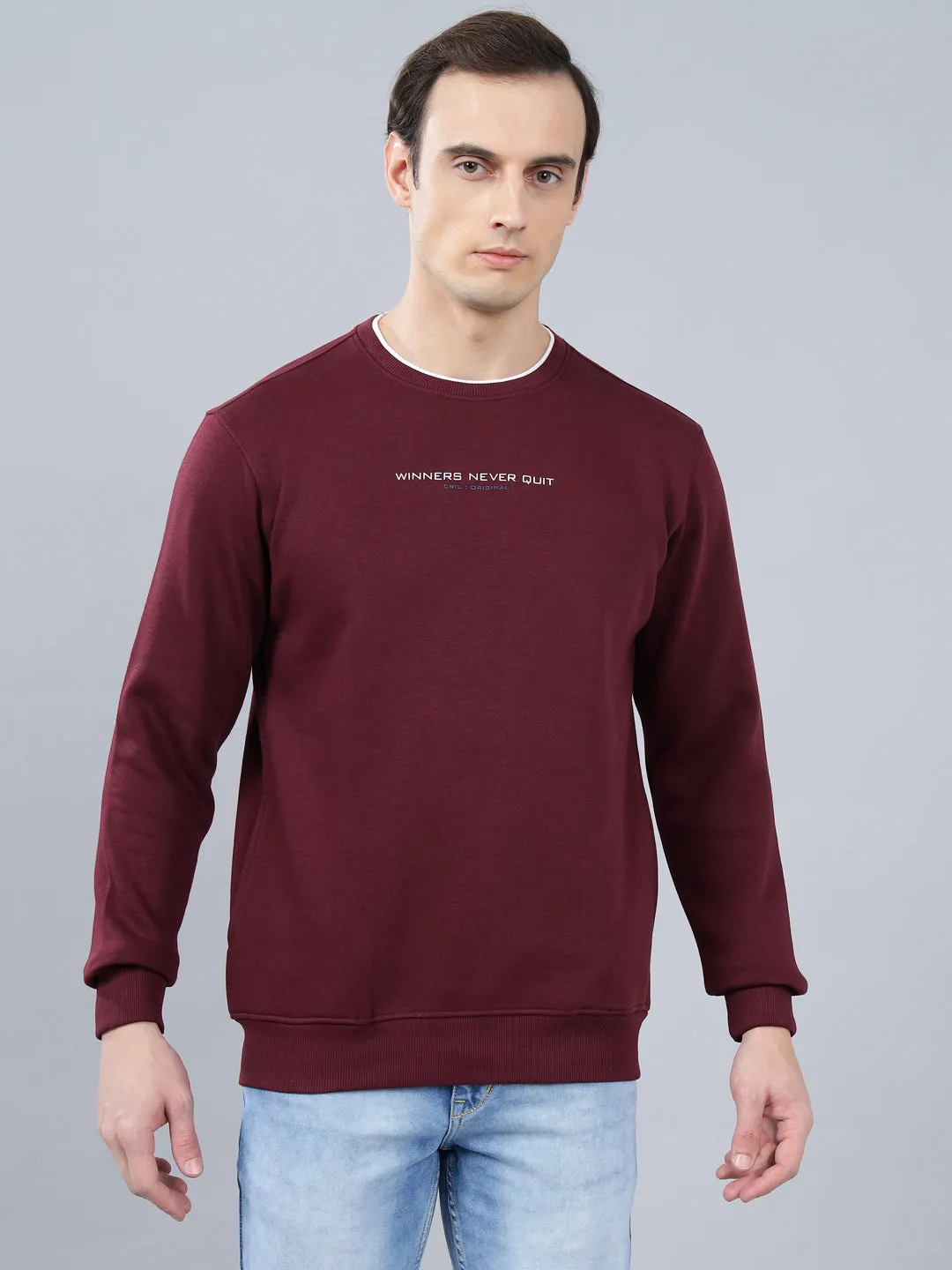 Men's Solid Maroon Round Neck Sweatshirt