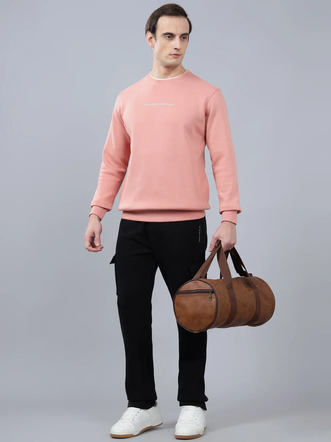 Men's Solid Pink Round Neck Sweatshirt