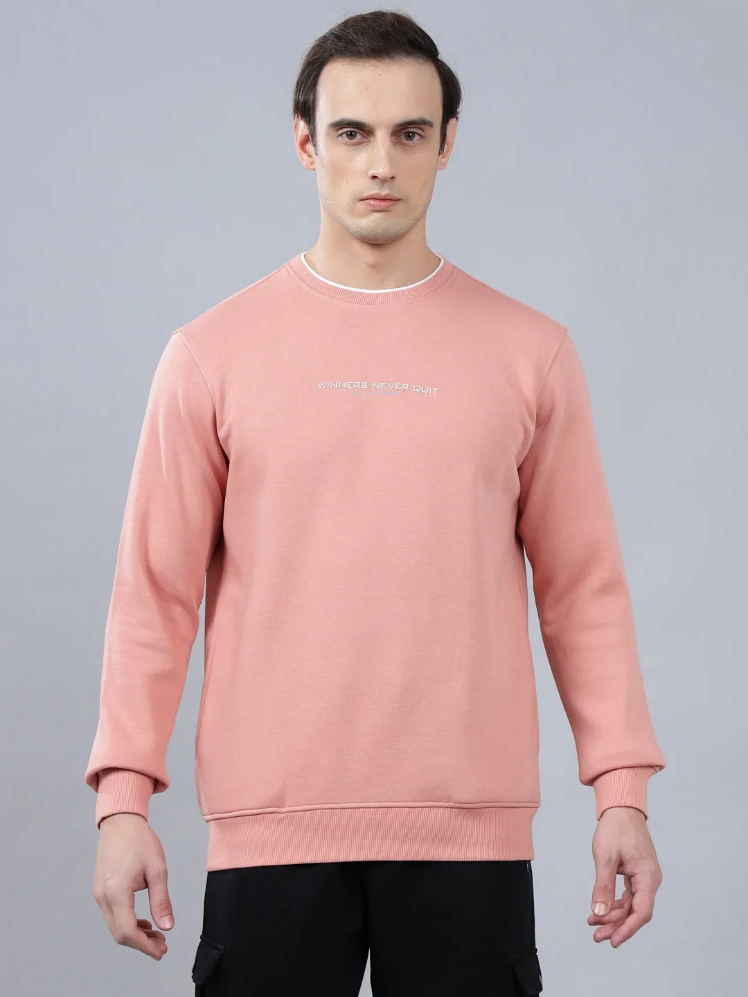 Men's Solid Pink Round Neck Sweatshirt