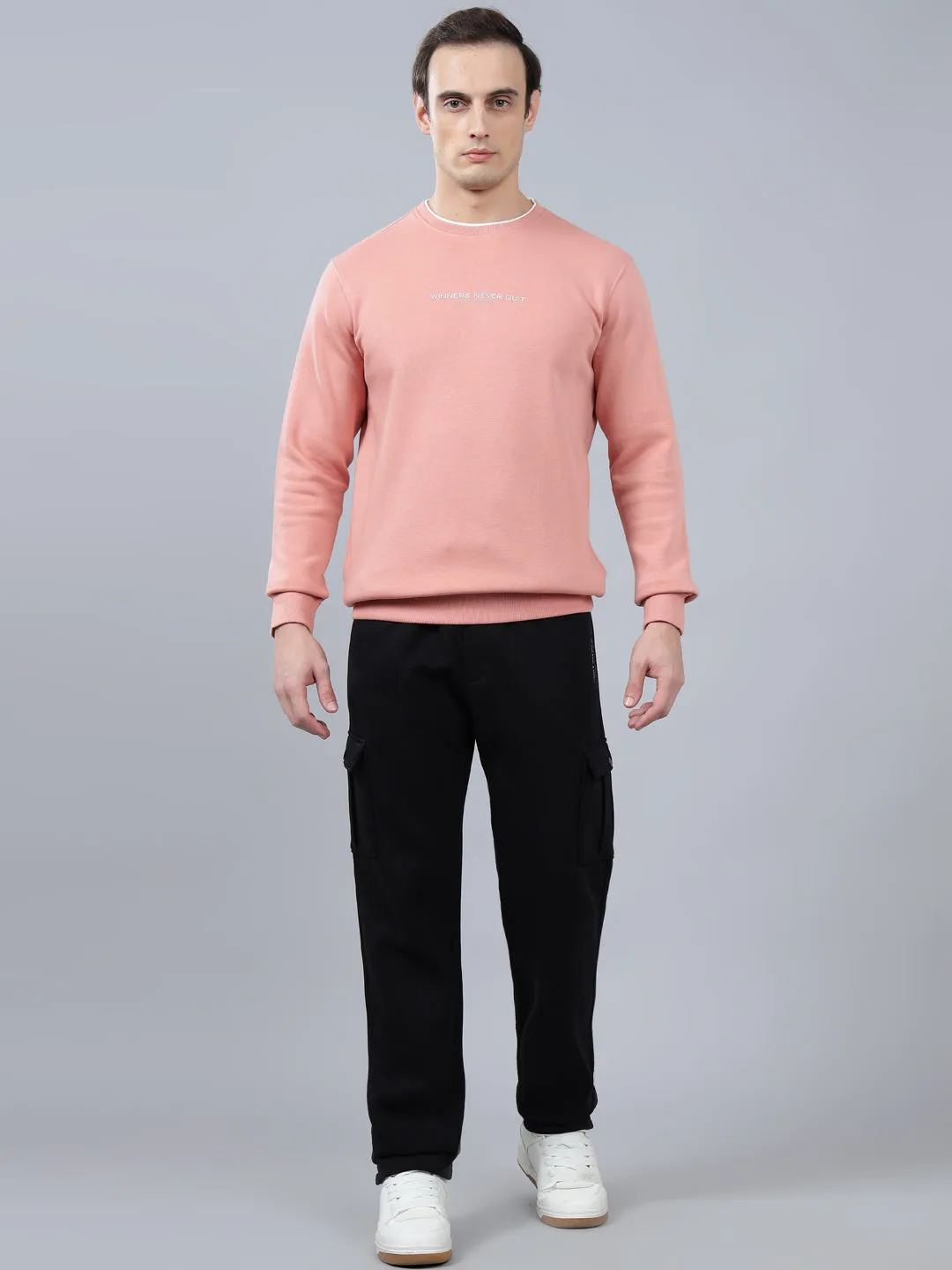 Men's Solid Pink Round Neck Sweatshirt