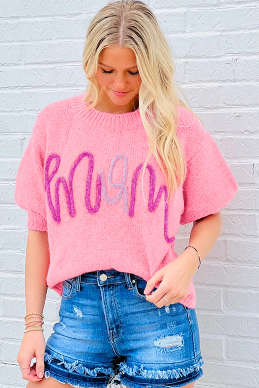 Mom Tinsel Front Short Sleeve Sweater