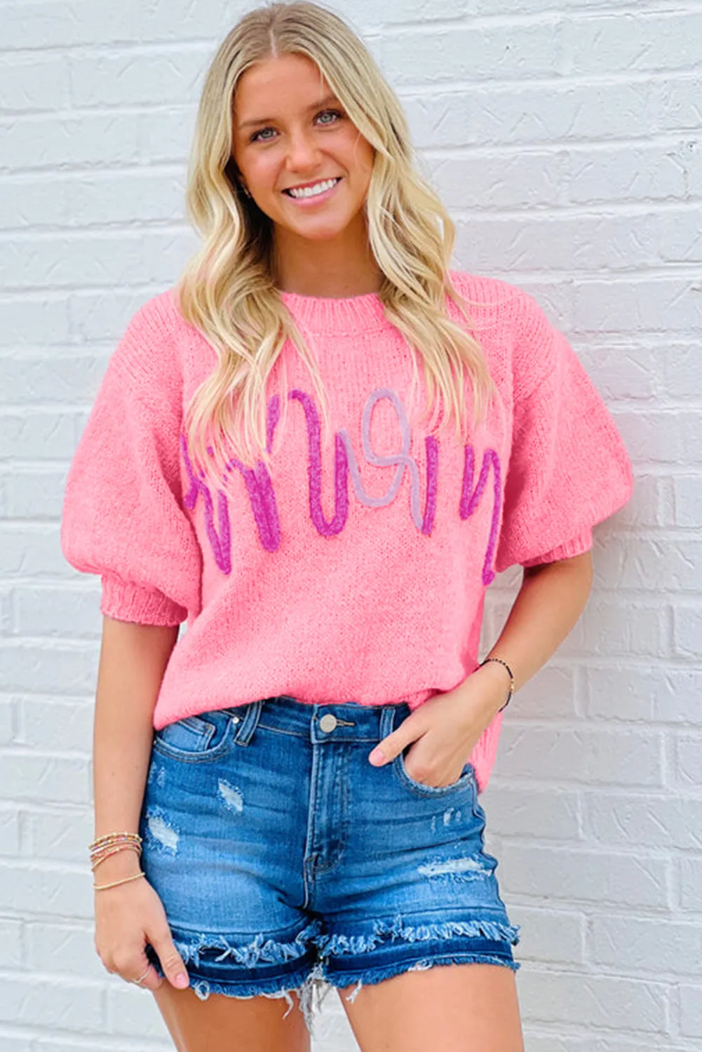 Mom Tinsel Front Short Sleeve Sweater