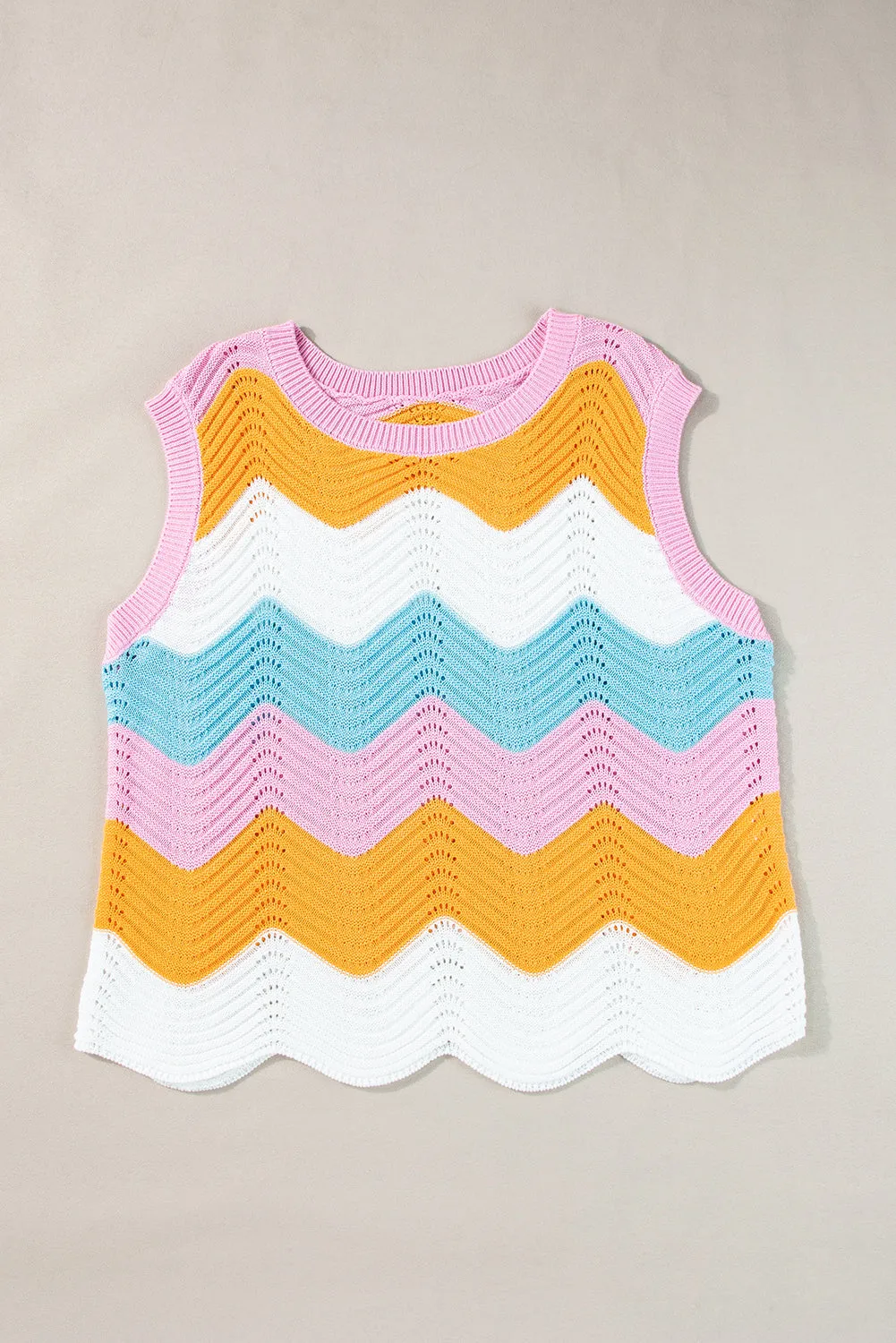 Multicolour Striped Colorblock Scalloped Hem Knitted Vest