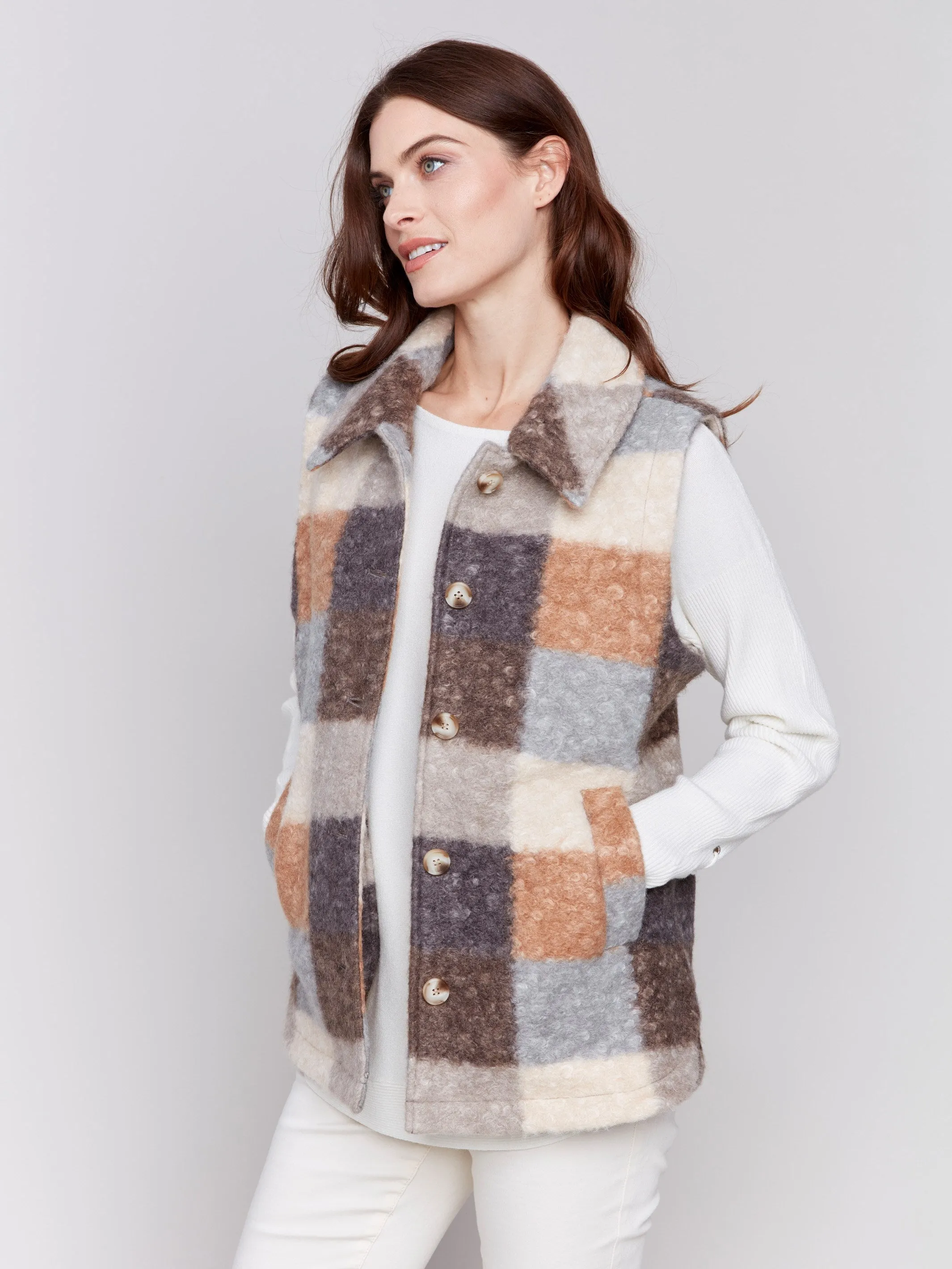 Plaid Bouclé Knit Vest - Terracotta