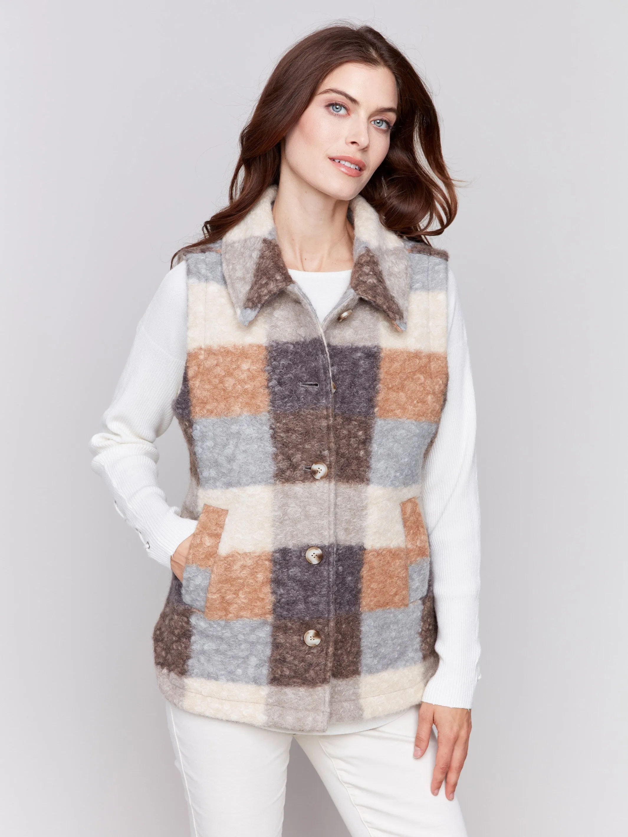 Plaid Bouclé Knit Vest - Terracotta