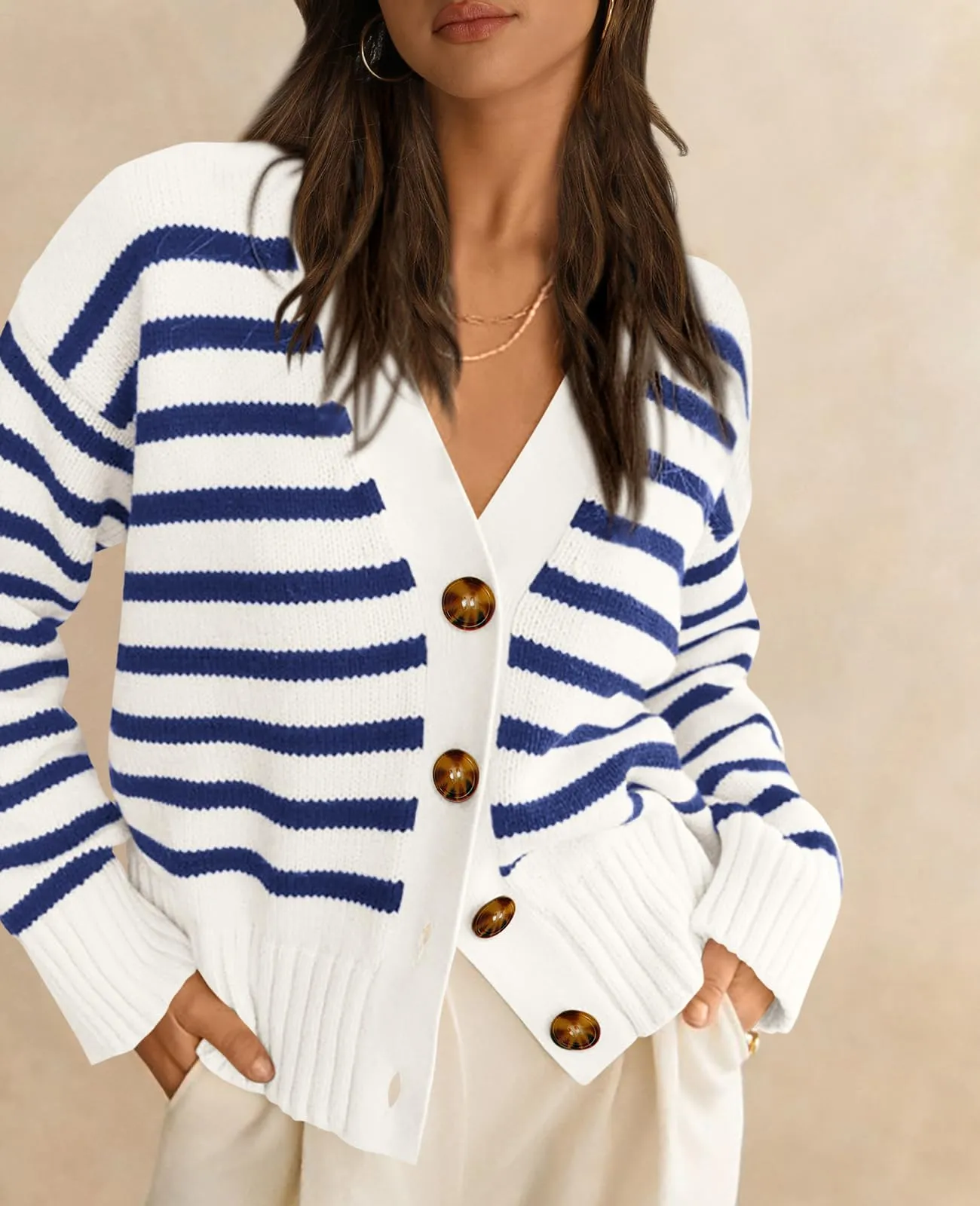 PRETTYGARDEN Women's Long Sleeve Striped Open Front Cardigan Sweaters Button Down Knit Lady Jackets 2024 Fall Outfits (Striped White Dark Blue, Large)