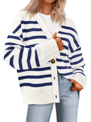 PRETTYGARDEN Women's Long Sleeve Striped Open Front Cardigan Sweaters Button Down Knit Lady Jackets 2024 Fall Outfits (Striped White Dark Blue, Large)