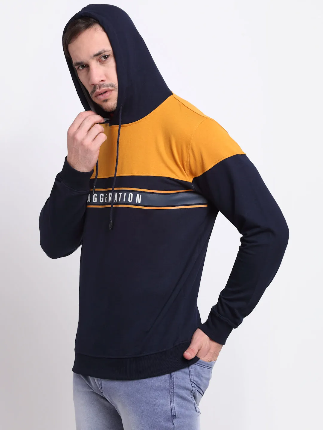 Printed Mustard Full Sleeves Hooded Neck Regular Fit Casual Sweatshirt for Men