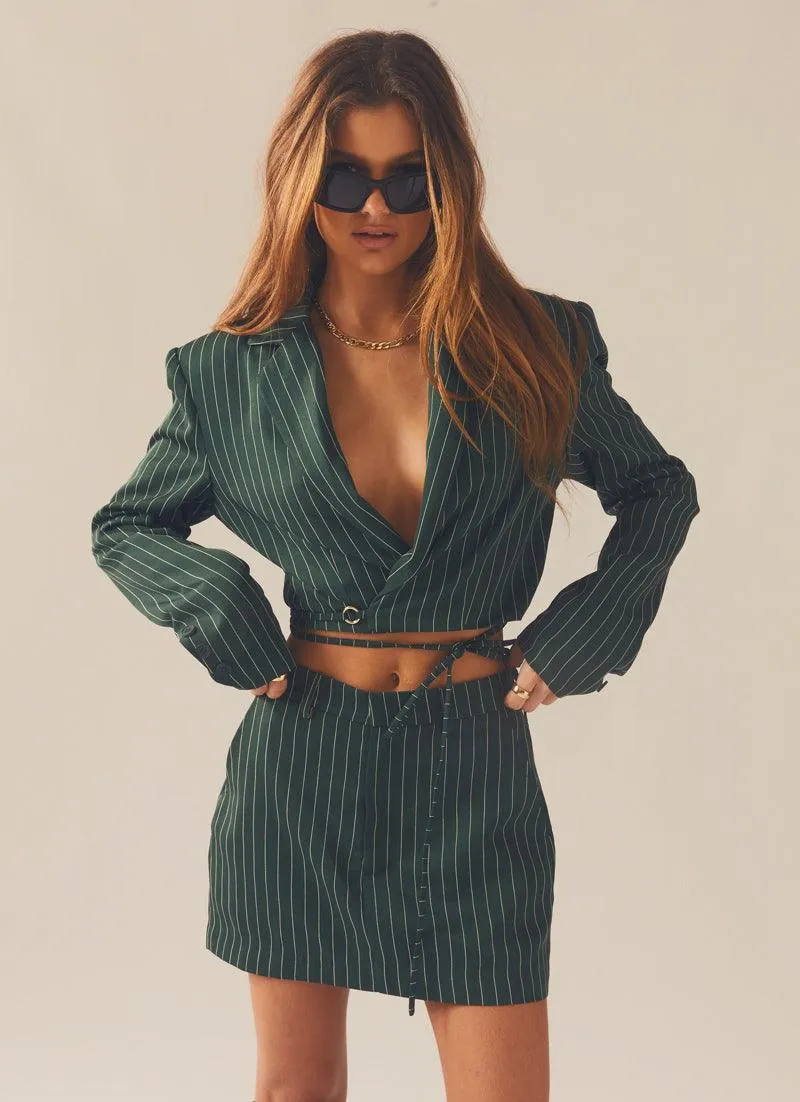 Pursuit of Happiness Cropped Blazer - Green Pinstripe