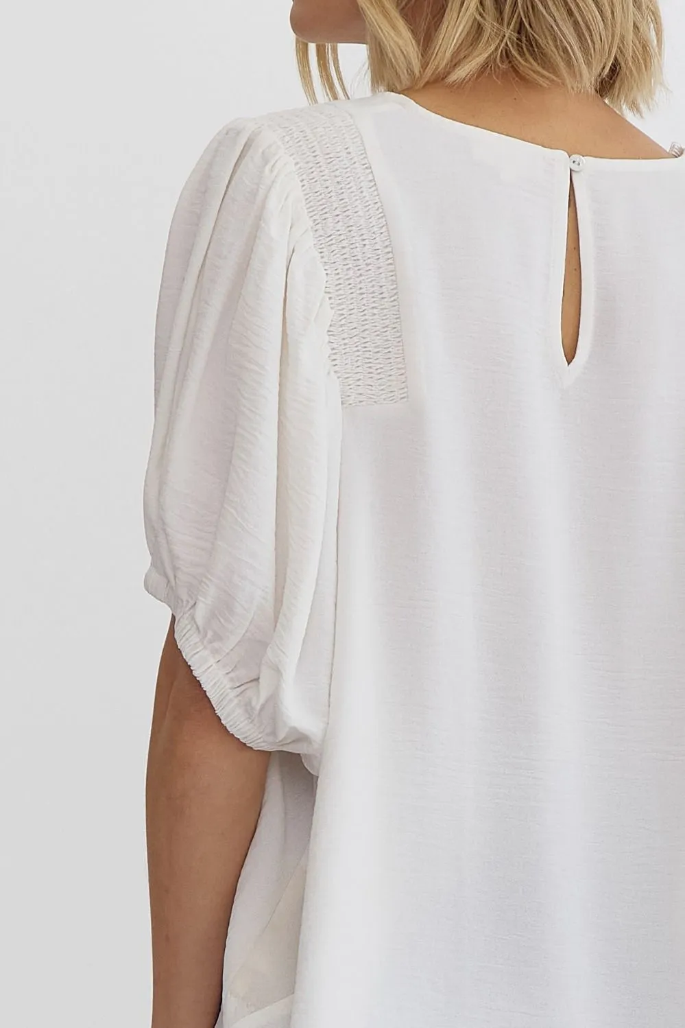 Round Neck Half Sleeve Smocking Detail Shoulder Top