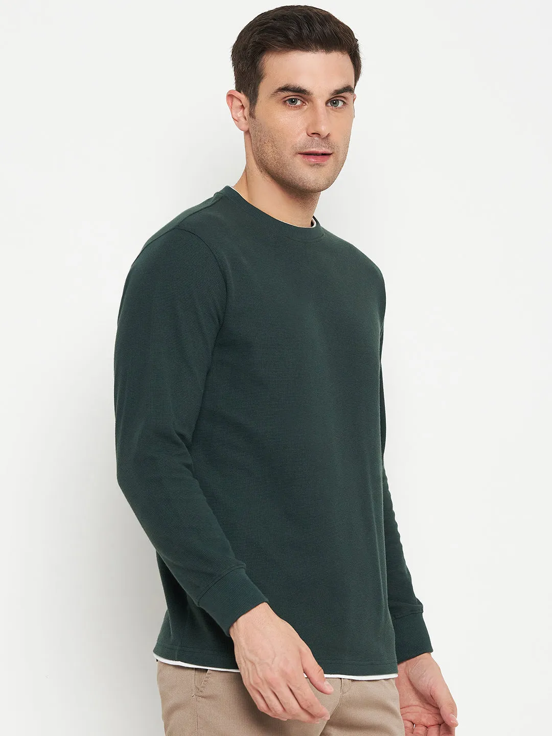 Self Design Green Full Sleeves Round Neck Regular Fit Casual T-shirt for Men