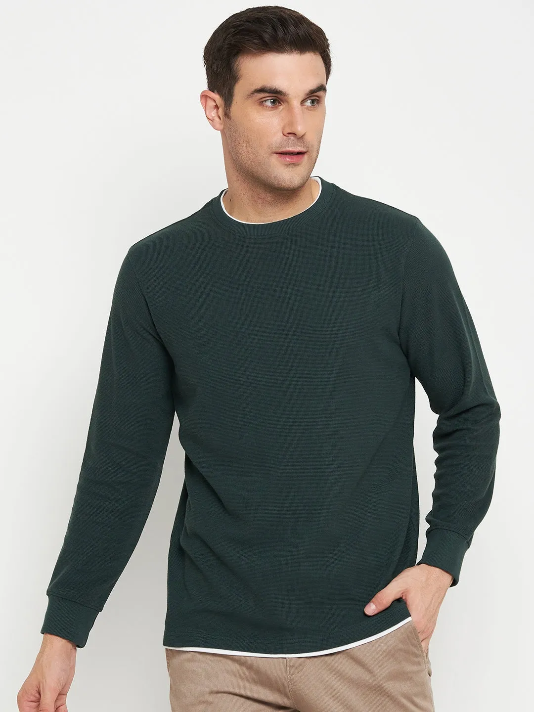 Self Design Green Full Sleeves Round Neck Regular Fit Casual T-shirt for Men