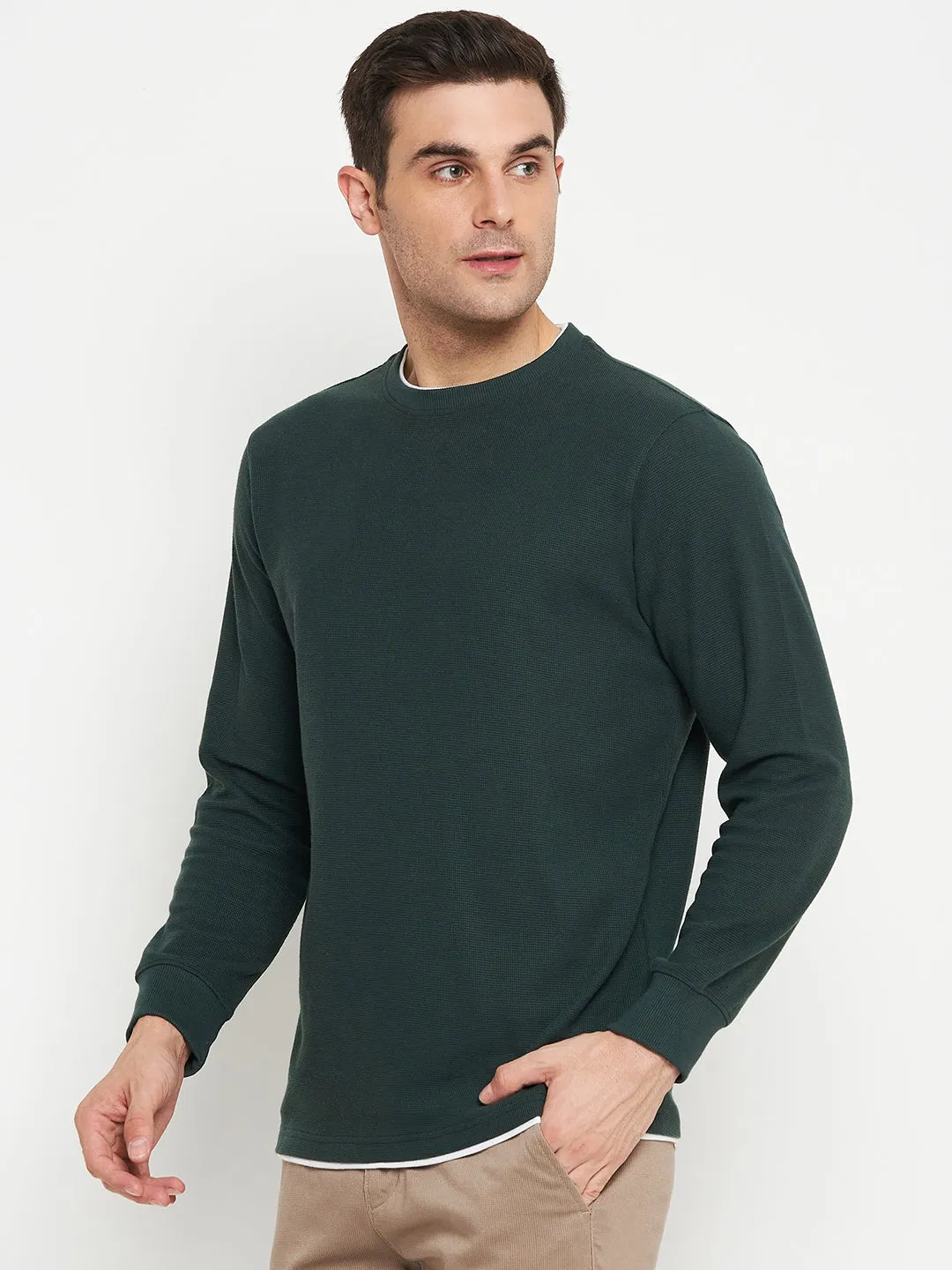 Self Design Green Full Sleeves Round Neck Regular Fit Casual T-shirt for Men