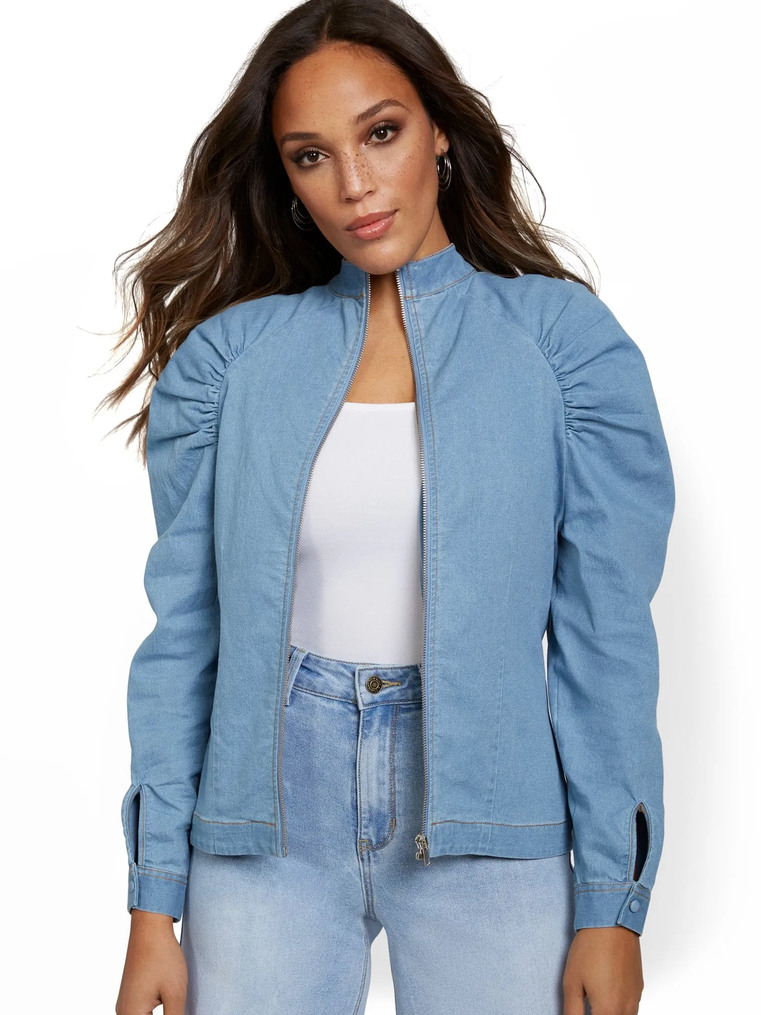 Shirred Shoulder Denim Jacket