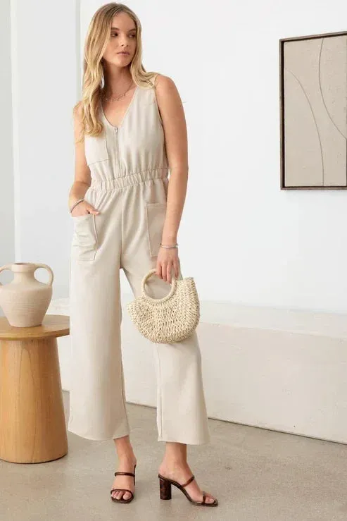 SLEEVELESS FRONT ZIPPER WIDE LEG JUMPSUIT