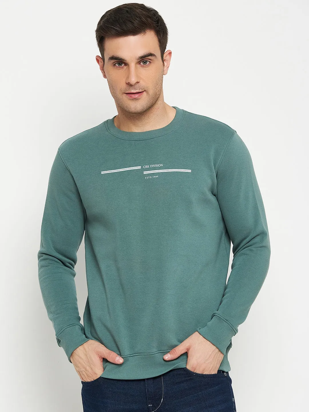 Solid Green Full Sleeves Round Neck Regular Fit Casual Sweatshirt for Men