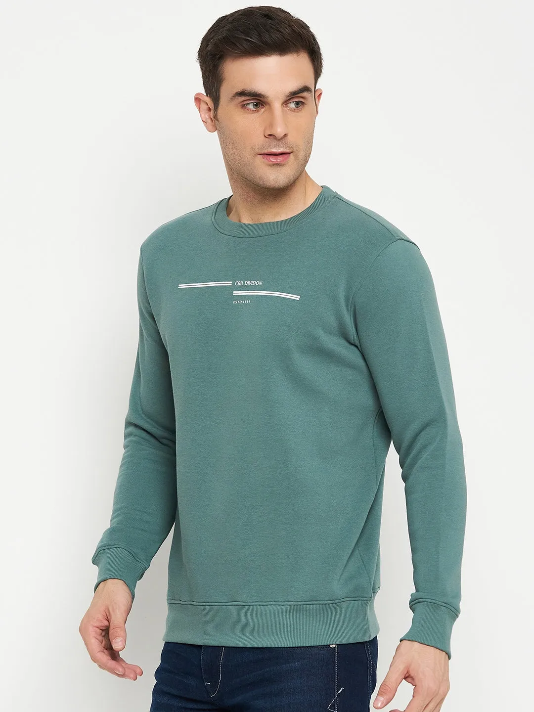 Solid Green Full Sleeves Round Neck Regular Fit Casual Sweatshirt for Men