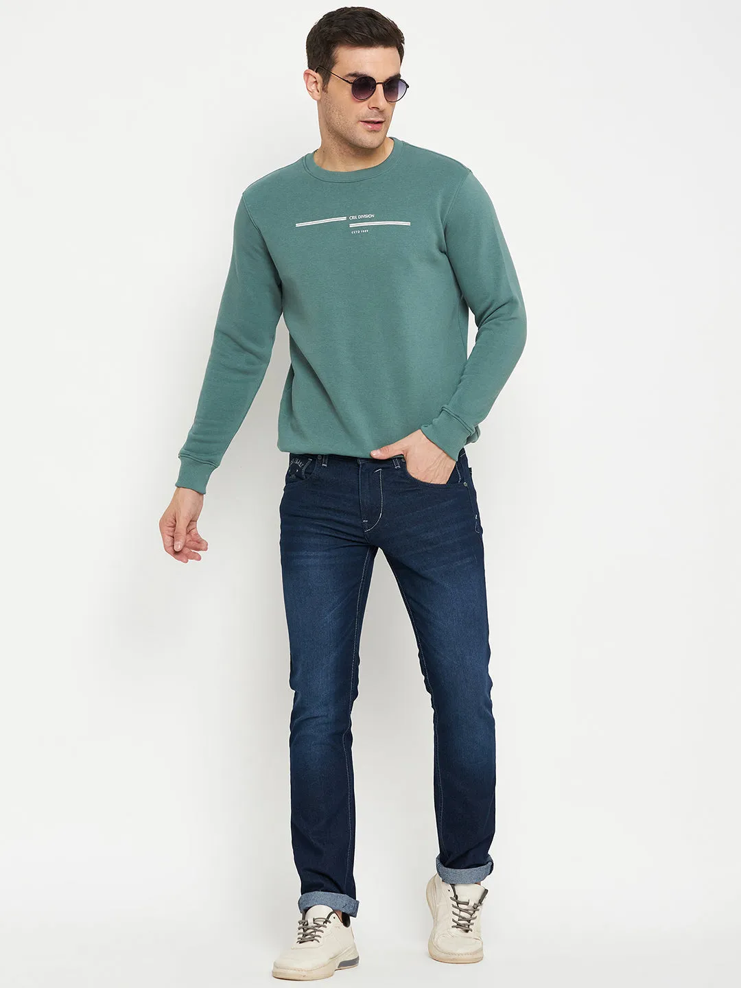 Solid Green Full Sleeves Round Neck Regular Fit Casual Sweatshirt for Men