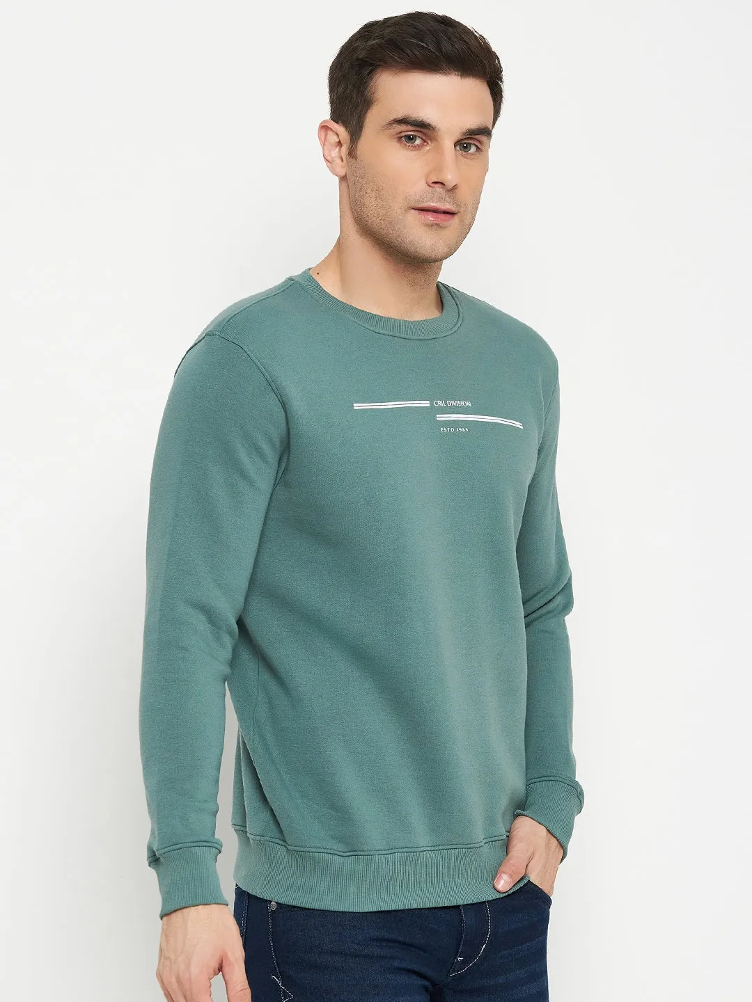 Solid Green Full Sleeves Round Neck Regular Fit Casual Sweatshirt for Men