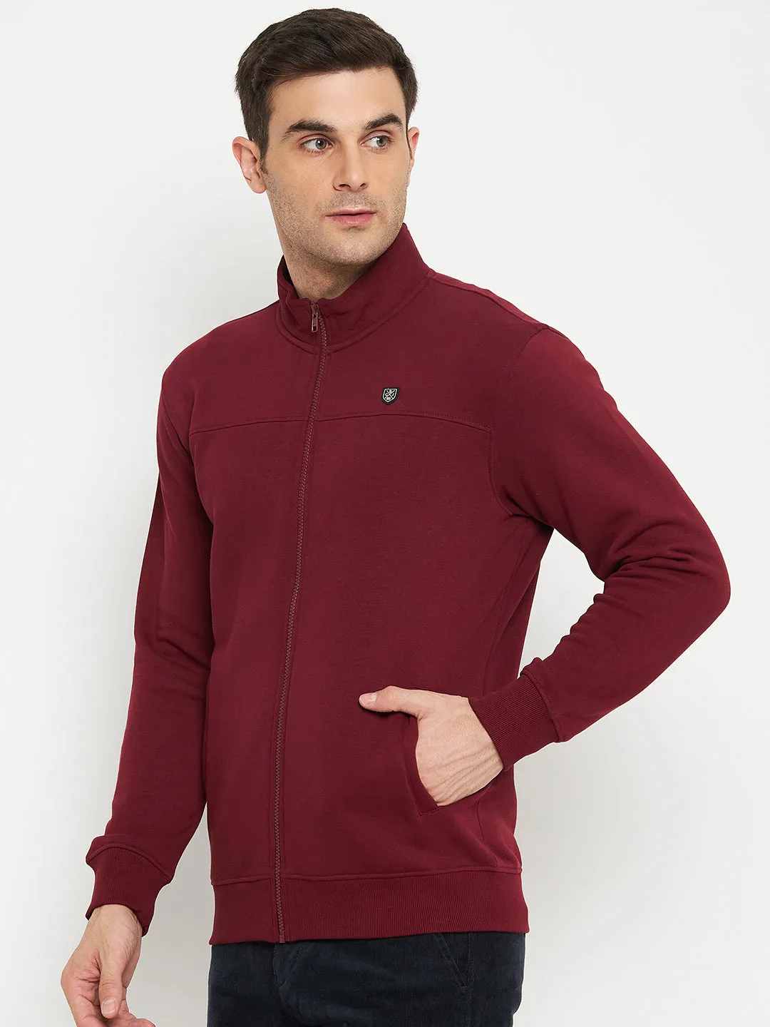 Solid Maroon Full Sleeves Mock Collar Regular Fit Casual Sweatshirt for Men