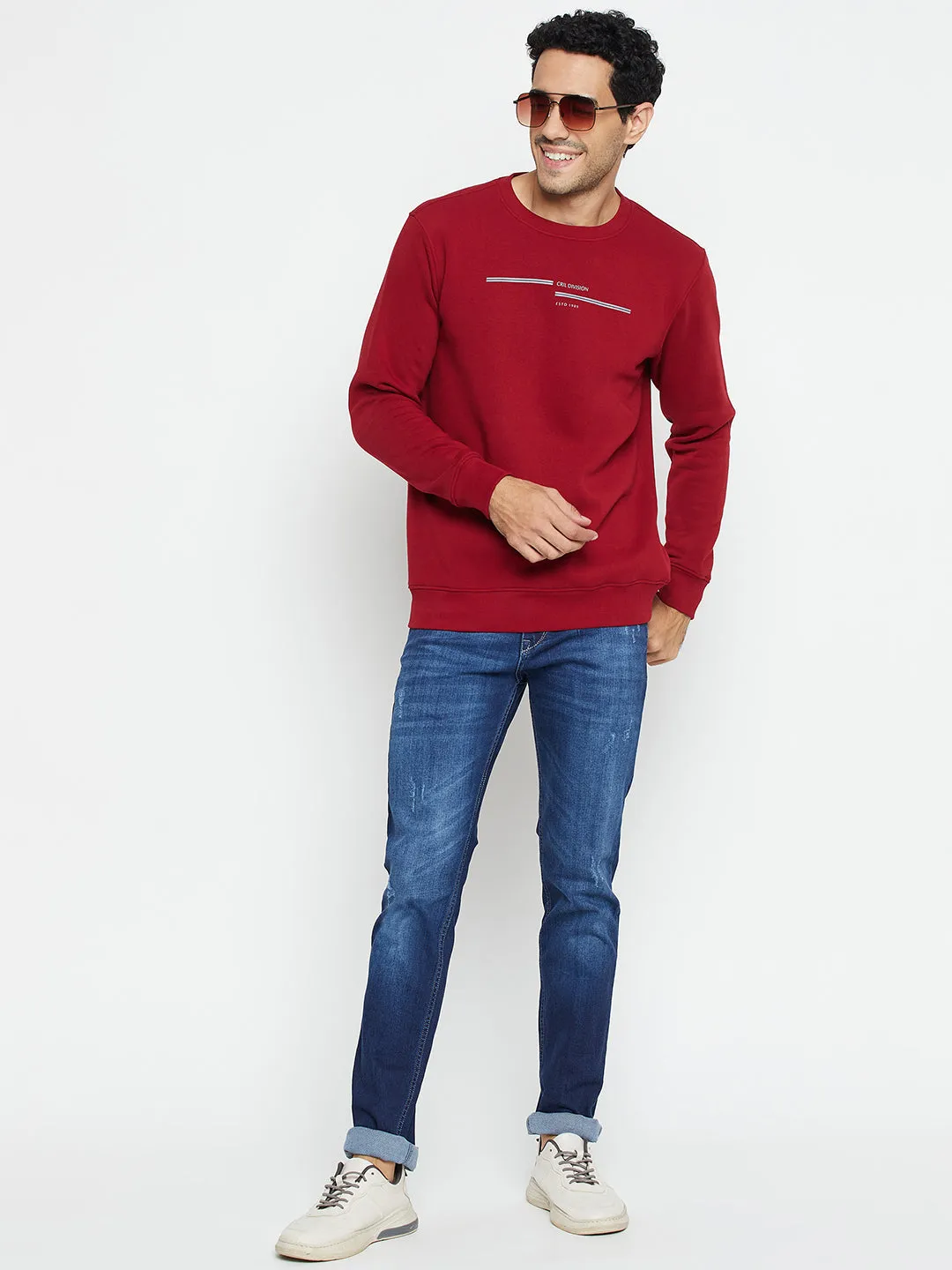 Solid Maroon Full Sleeves Round Neck Regular Fit Casual Sweatshirt for Men