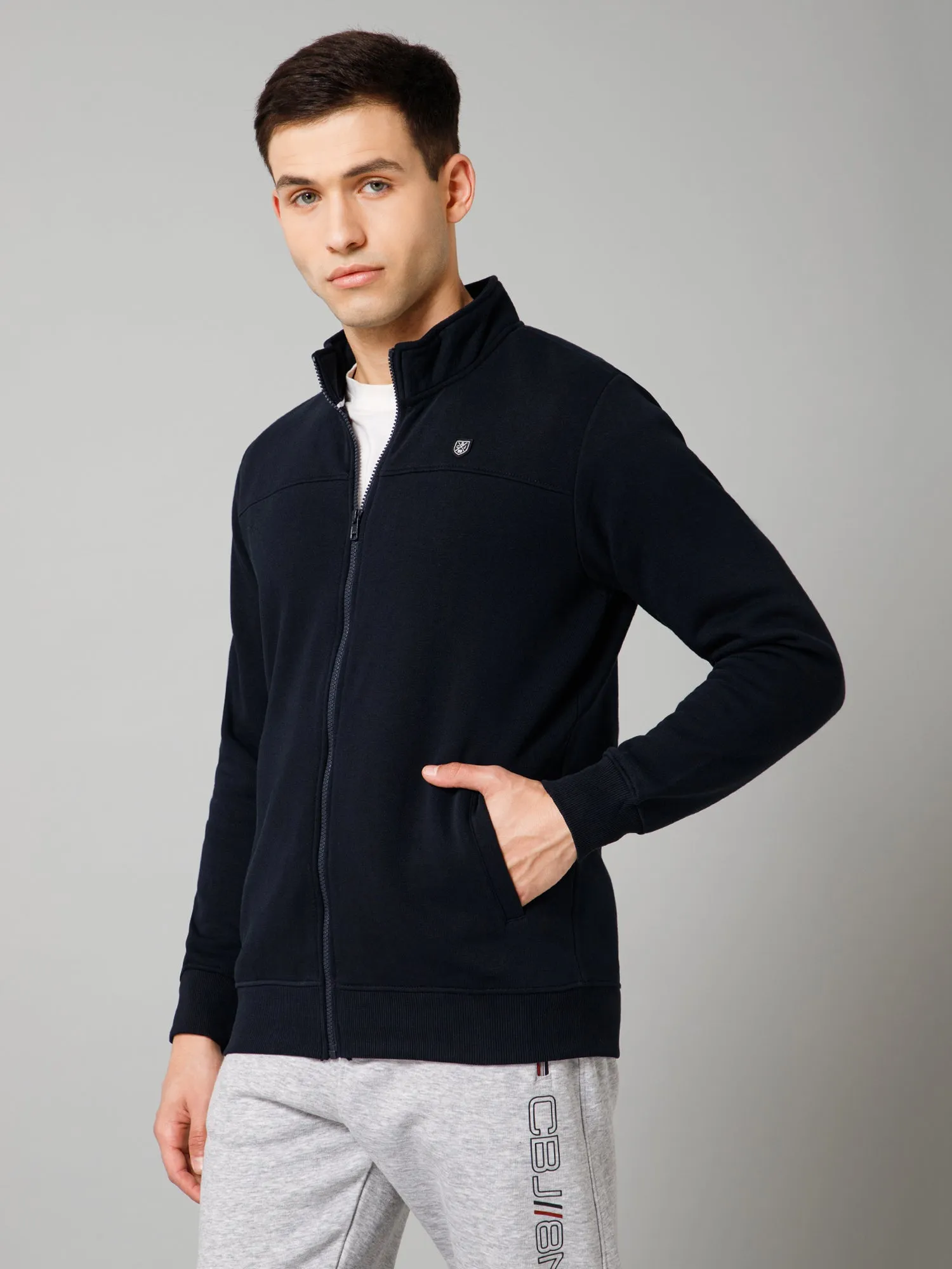 Solid Navy Blue Full Sleeves Mock Collar Regular Fit Casual Sweatshirt For Men