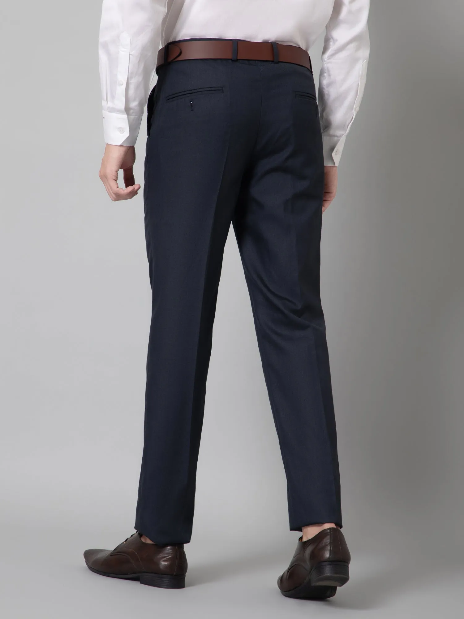 Solid Non Pleated Regular Fit Mid Rise Navy Blue Formal Trousers for Men